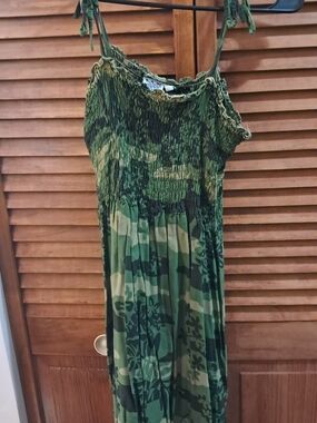 Green Camouflage Smocked Maxi Dress